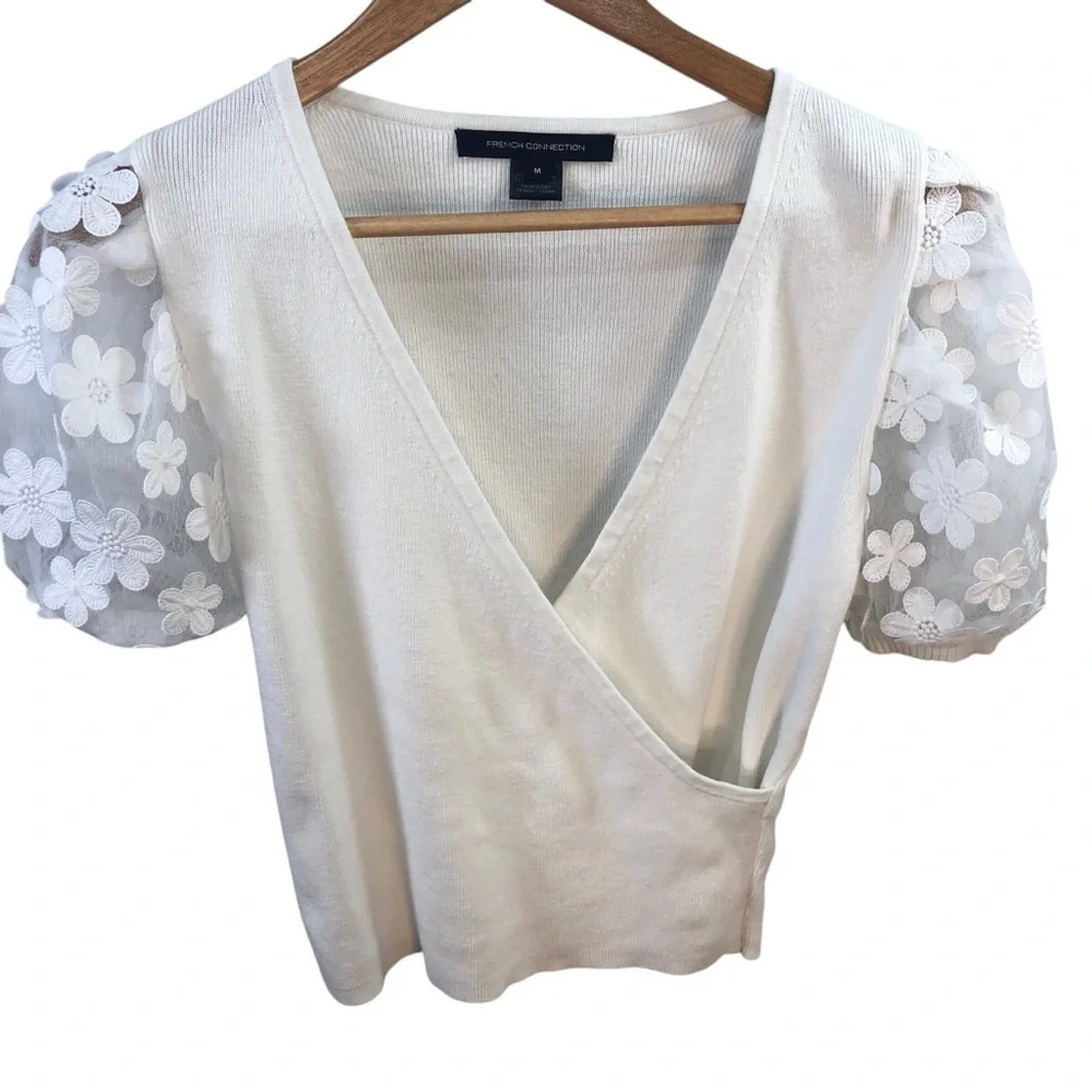 French Connection Women M White Knit Sweater Top Faux Wrap Cottagecore Victorian